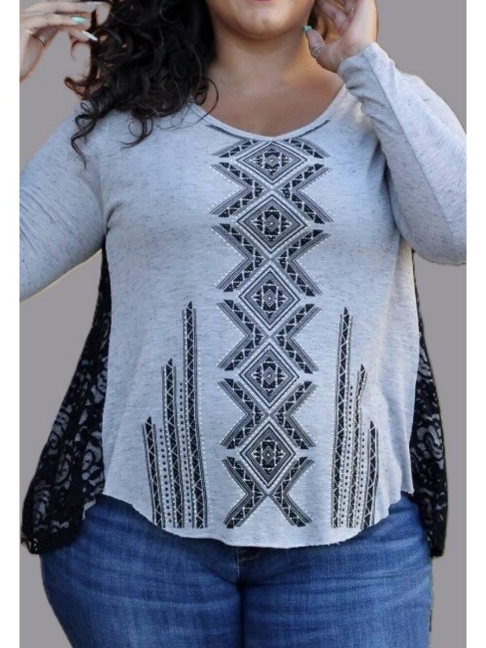 NWT Vocal Grey Black Aztec Rhinestone Lace Side Hi-Low Tunic 3XL